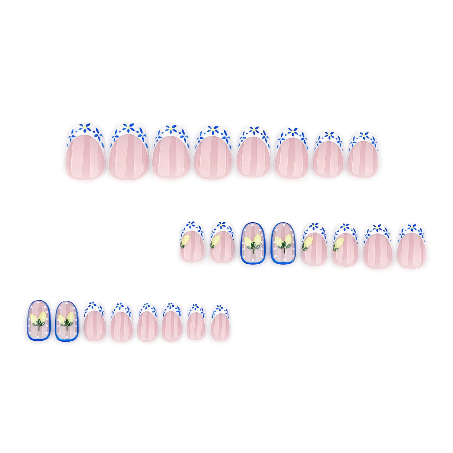 Nude Pink Lemon Press On Nails Floral French Tip Blue Flower Summer Oval Shape Glossy Cute Fake Nails Reusable Full Cover Natural Fresh Nail Kit 124