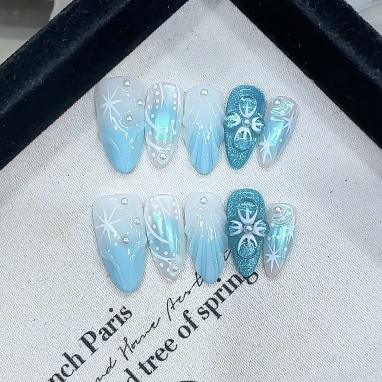 Ice Blue Gradient Press On Nails – Almond Shape Butterfly Pearl Glossy Reusable Acrylic Nails 135