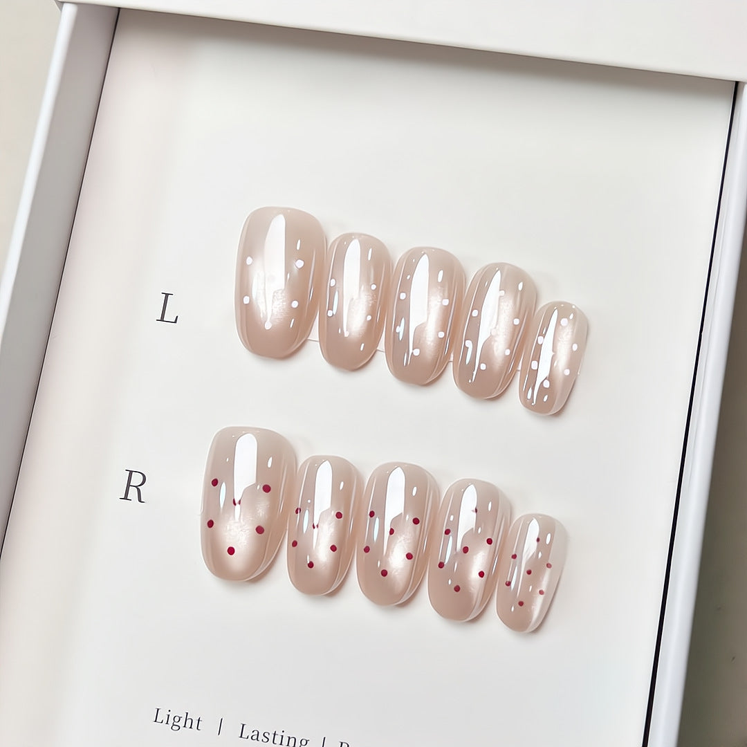 Nude Almond Press On Nails Oval – Polka Dot False Nails Reusable Nail Set 180