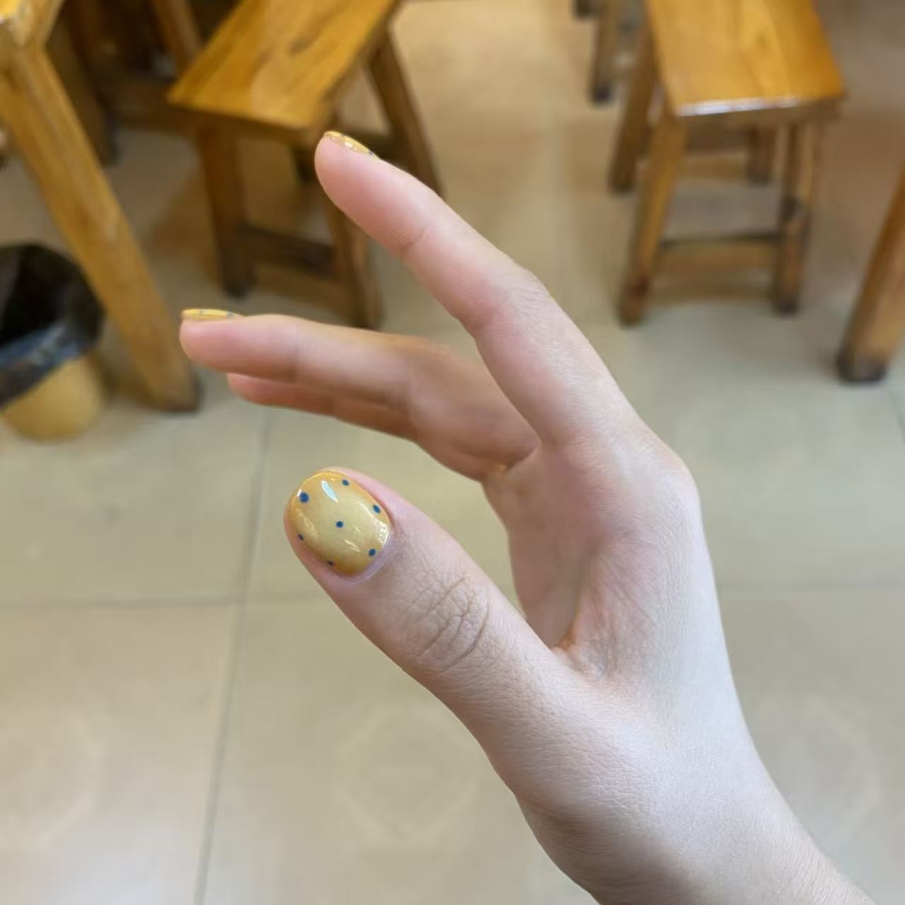 Butter Yellow Press On Nails Short Squoval – Blue Polka Dot Hand Painted Minimalist Summer Reusable Nail Set 202