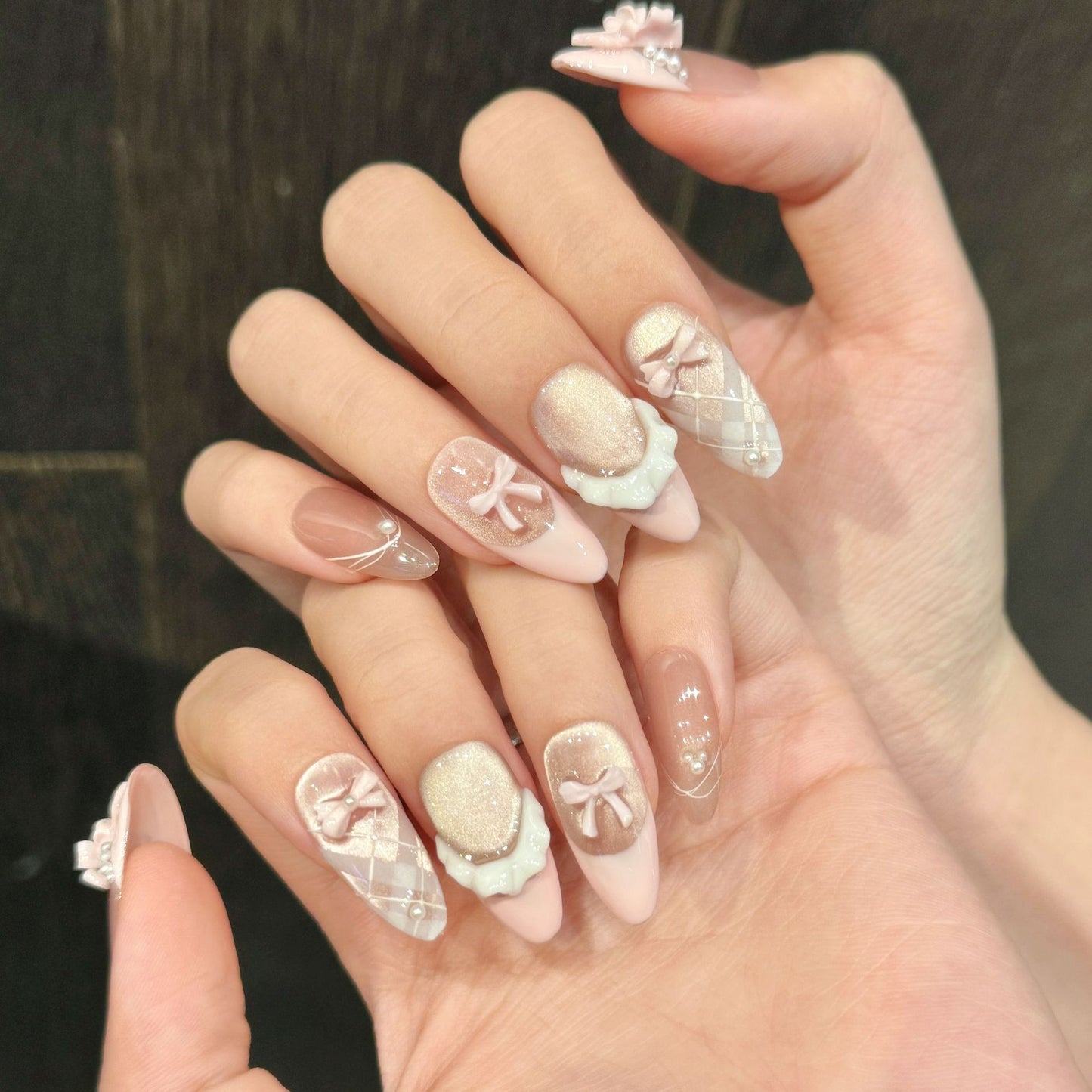 Nude Pink Cat Eye Press On Nails – Almond Soft Luxury Bow Pearl Acrylic Nails 157