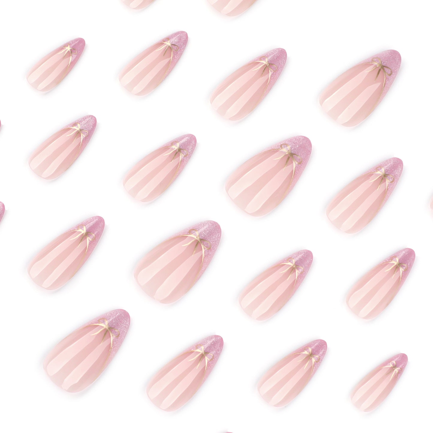 Nude Pink Press On Nails with Gold Bow Glitter French Tip Design Glossy Almond Shape Cute Elegant Full Cover False Nails Kit Reusable 132