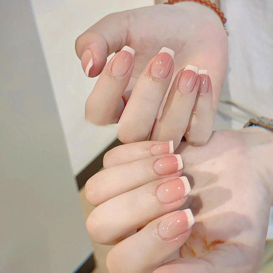 Natural Nude Press-On Nails – Short Rounded & Square Sheer Pink-Peach Gradient with Subtle White French Tips Handmade Reusable Luxury Nail Set 231