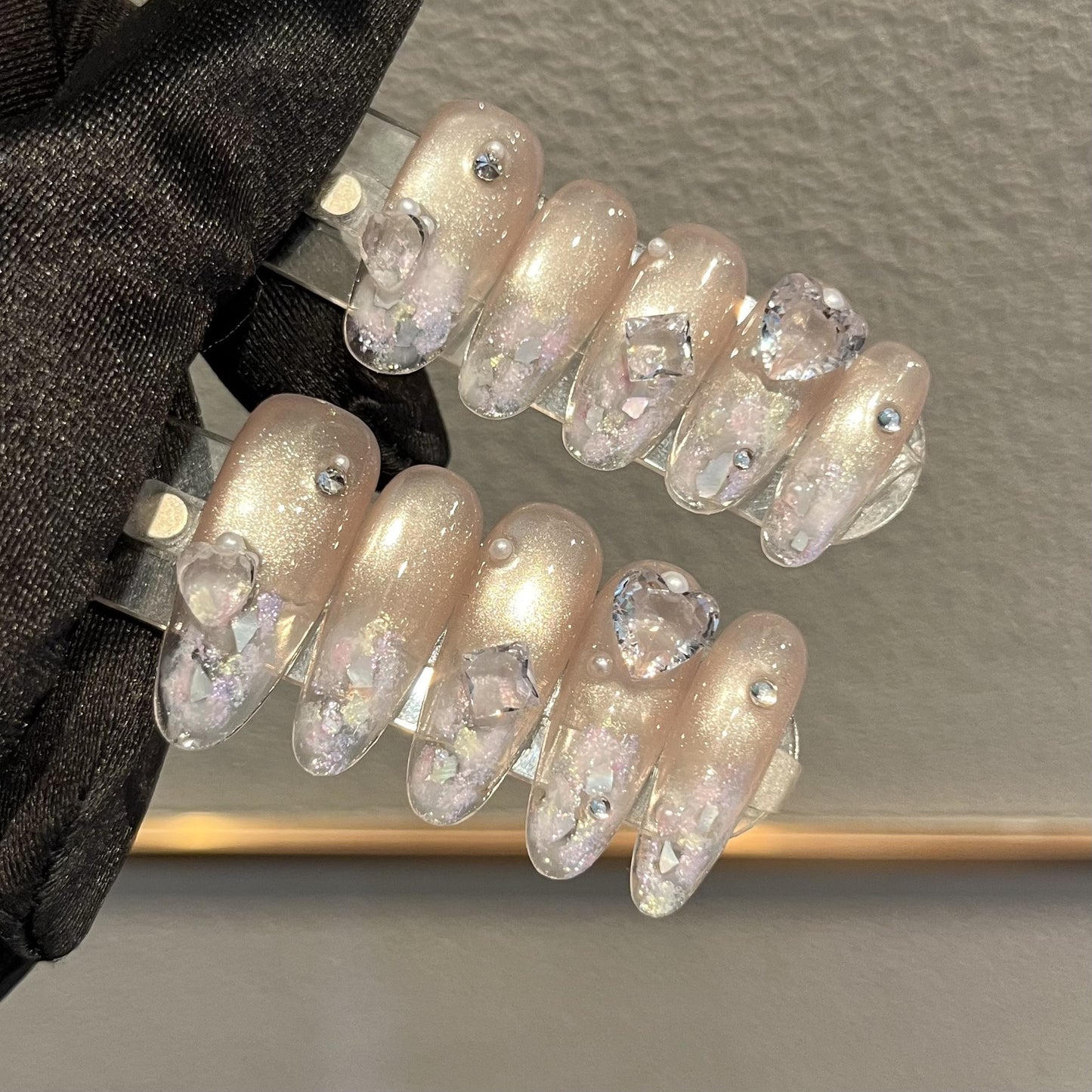 Champagne Glitter Press-On Nails – Oval, Squoval & Stiletto Shape Options with Pearl & Heart Crystal Embellishments | Luxury Reusable Nail Set 289