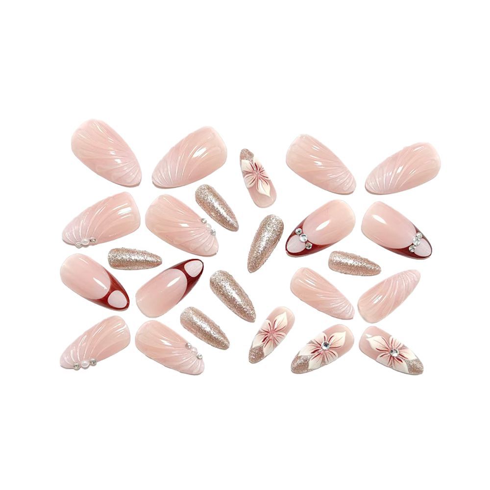 French Tip Press-On Nails Almond Shape Burgundy Nude 3D Wave Pearl Reusable Glue On Fake Nails Set 32