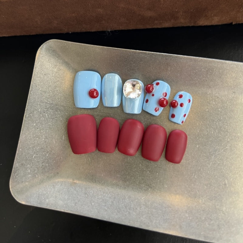 Press On Nails Color Block Blue Burgundy – Short Squoval Retro Acrylic Nails with Rhinestone 3D Beads Glossy Set 145