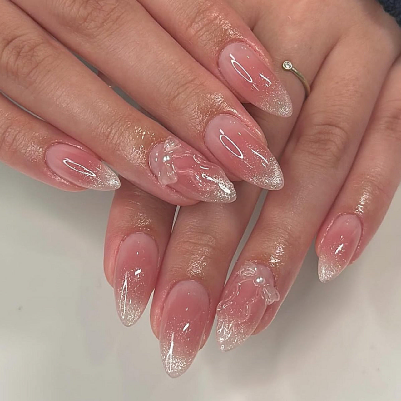 Press On Nails Pink Ombre Cat Eye Glitter Bow Pearl Balletcore Nails Long Almond Glossy Fake Nails Reusable Cute Coquette Aesthetic Nails for Women Party Wedding 75