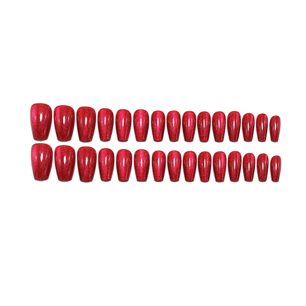Burgundy Cat Eye Press On Nails Long Coffin Glossy Dark Red Fake Nails Glitter Acrylic Reusable Glue On Nail Set 53