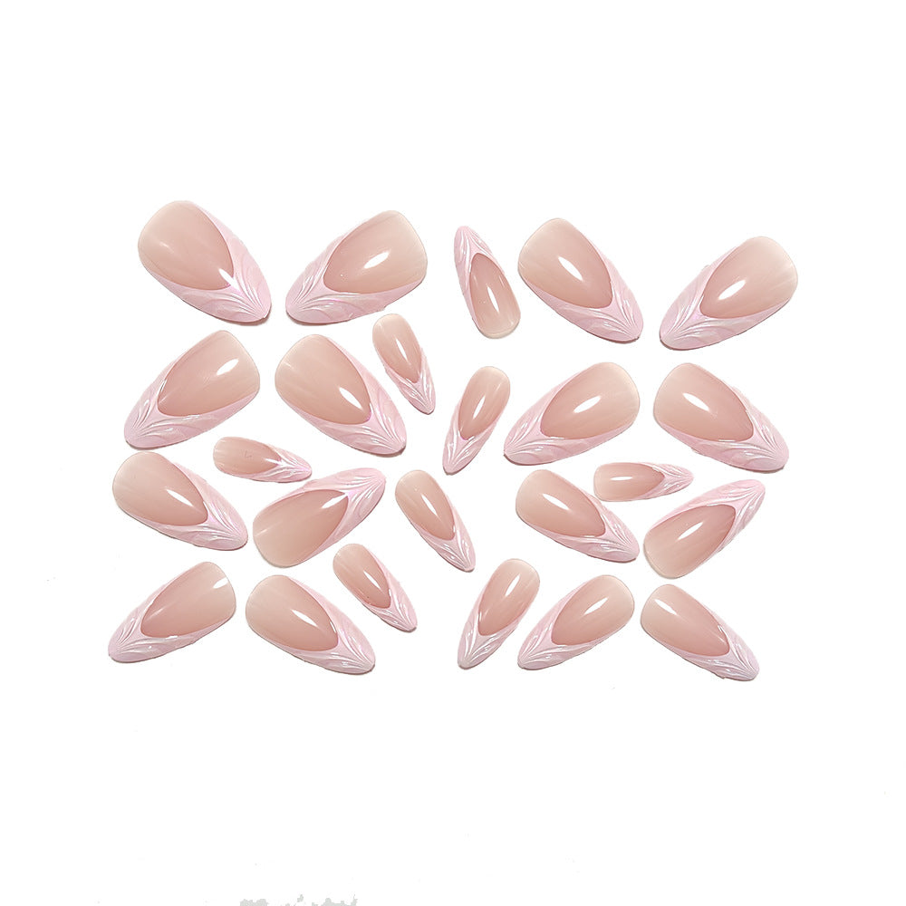 Nude Pink Press On Nails 3D French Tip Almond Classy Bridal Nails Glossy Natural Reusable Nail Set 25