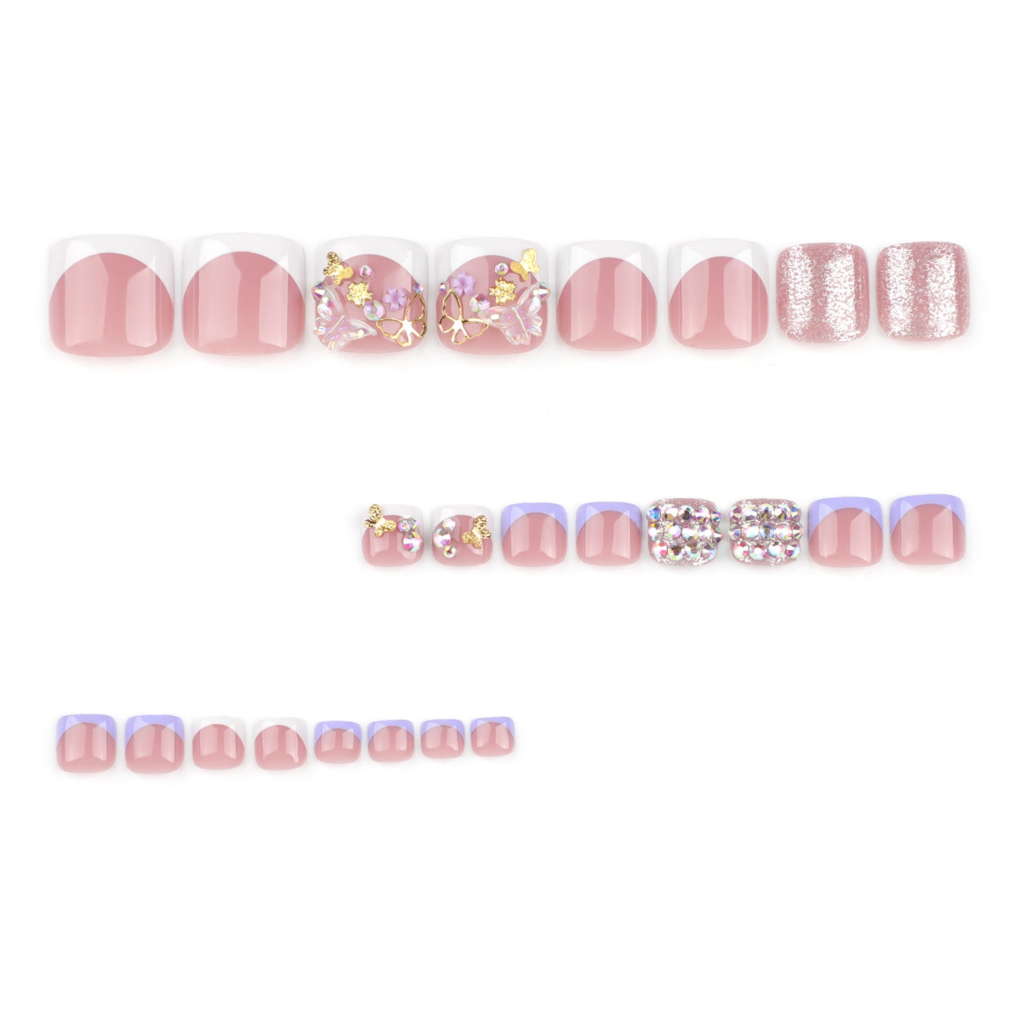 Nude Pink Press On Toenails with Rhinestones Butterfly Floral Design Glossy Short Squoval Shape Glam Full Cover False Toe Nails Kit Reusable Pedicure 113