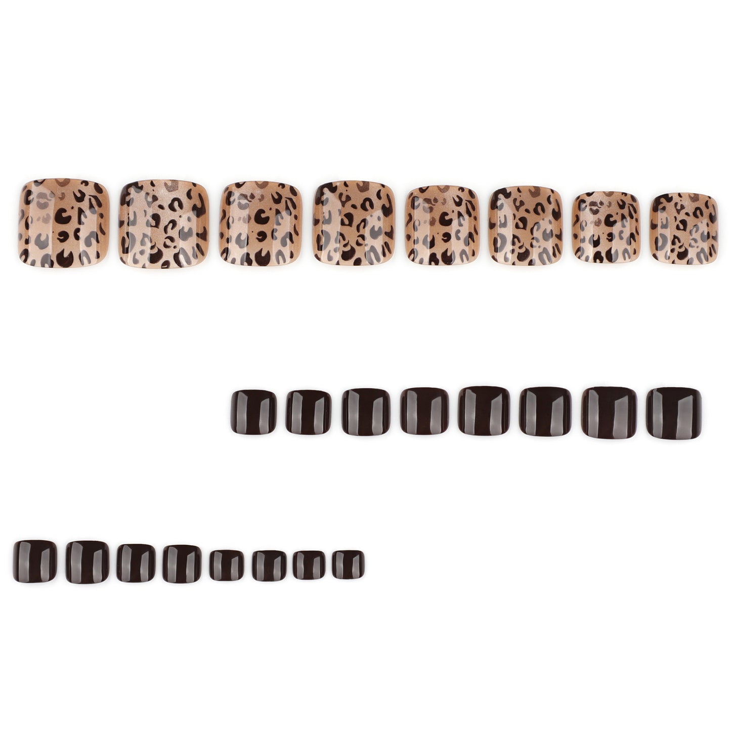 Leopard Print Press On Toenails with Black Glossy Solid Color Nude Gold Base Short Squoval Shape Full Cover False Toe Nails Kit Reusable Pedicure 118