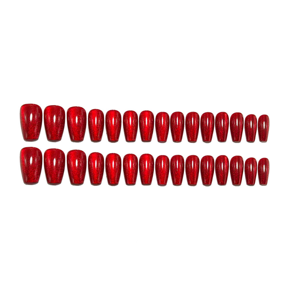 Burgundy Cat Eye Press On Nails Coffin Shape Glossy Dark Red Glitter Fake Nails Reusable Glue On Long Acrylic Nail Set 51