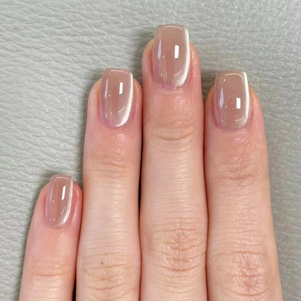 Nude Pink Cat Eye Press On Nails – Short Square Glossy Minimalist Reusable Acrylic Nails 79