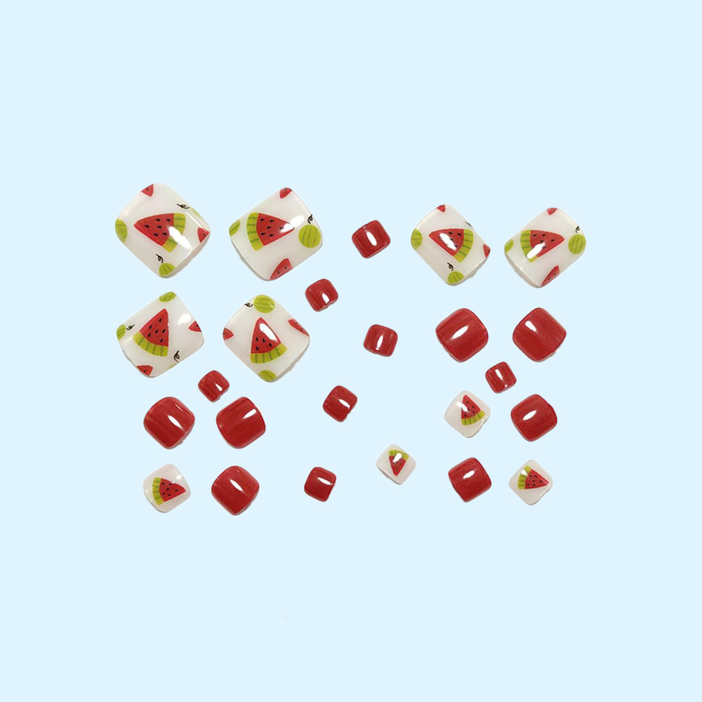 Watermelon Press-On Nails Short Square Round Cute Fruit Design Reusable Glue On Fake Nails Summer Set 35