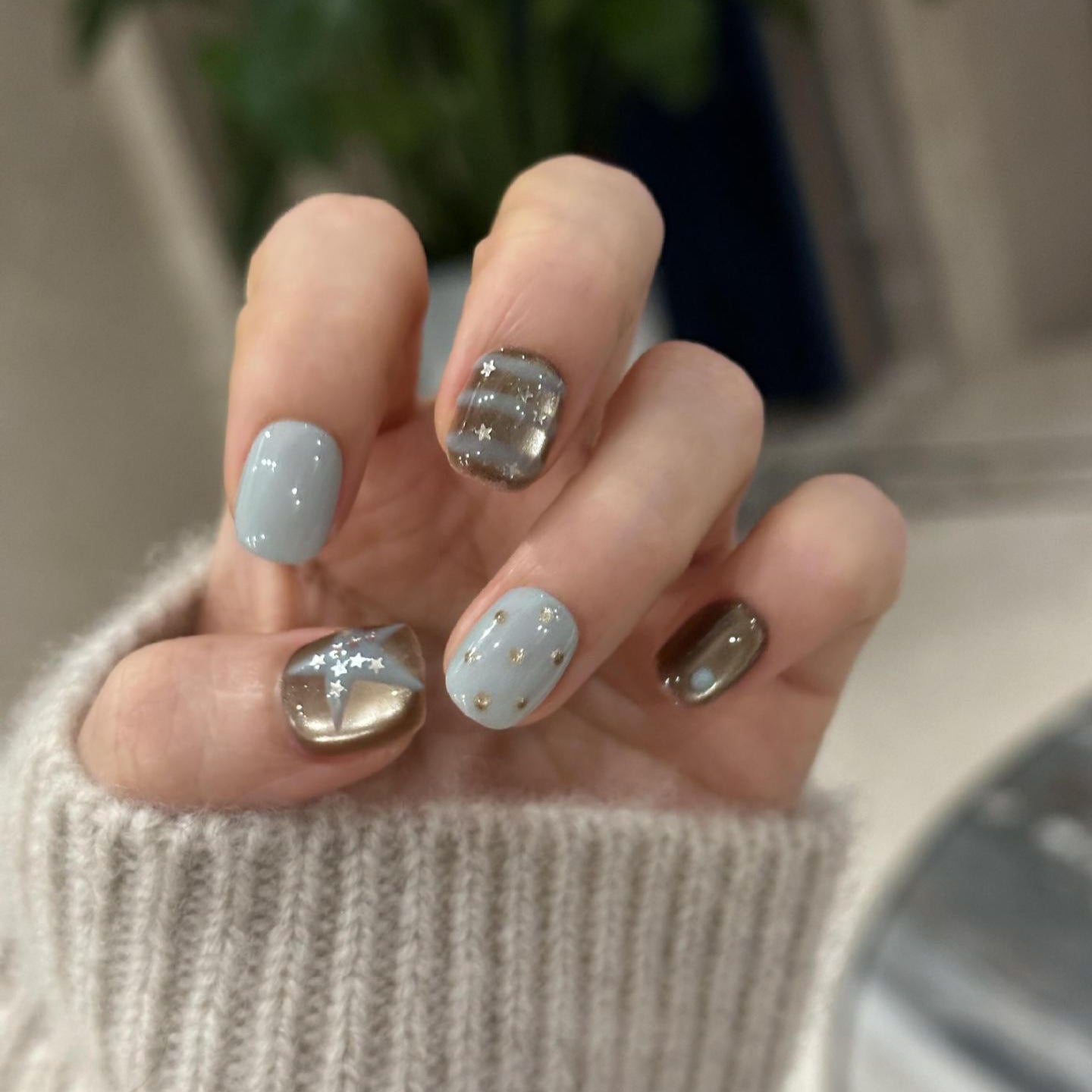 Brown Cat Eye Press On Nails – Short Squoval with Blue Contrast, Star & Polka Dot Glossy Reusable Full Cover Set 163