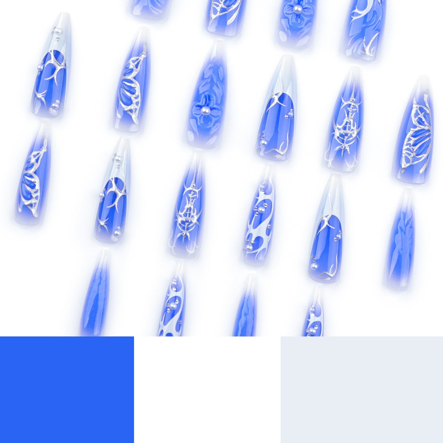 Blue Stiletto Press On Nails Extra Long – Butterfly Gothic False Nails Reusable Full Cover Set 183