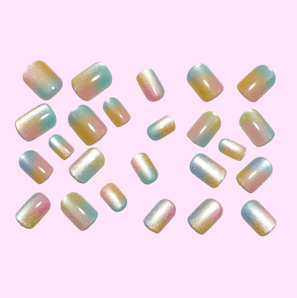 Pastel Cat Eye Press On Nails Short Square Aurora Gradient Blue Pink Yellow Glossy Glue On Nails Reusable Cute Set 48