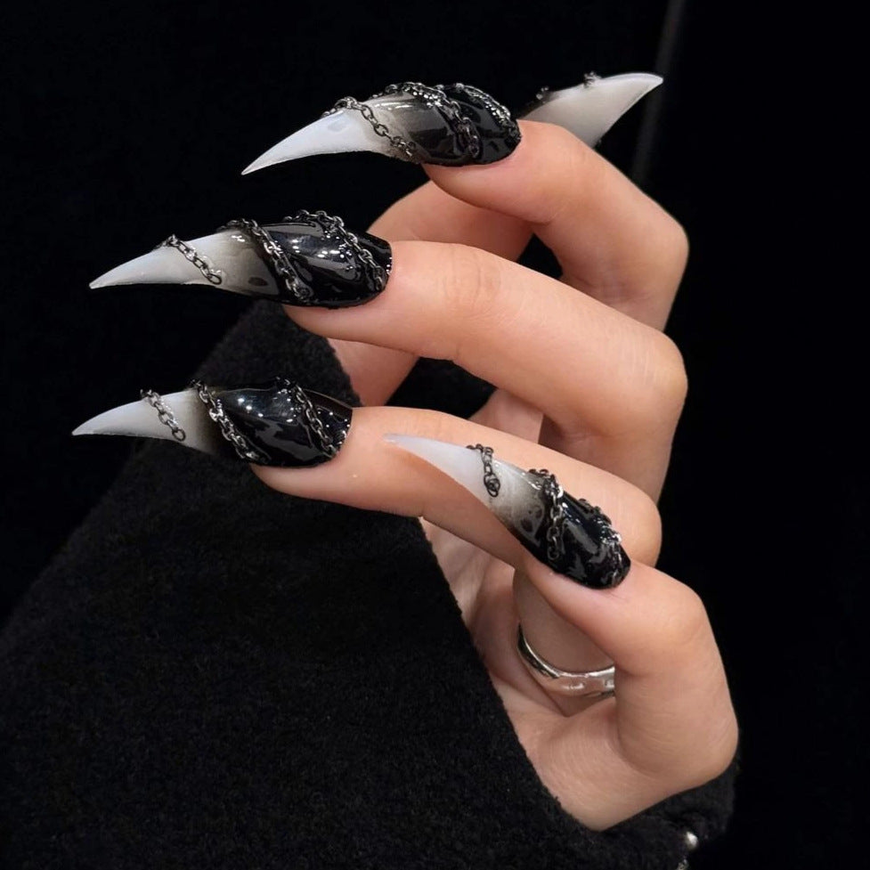 Black & White Ombre Dragon Claw Press-On Nails – Curved Stiletto Nails with Metal Chain Detail | Gothic Punk Reusable Nail Set 294