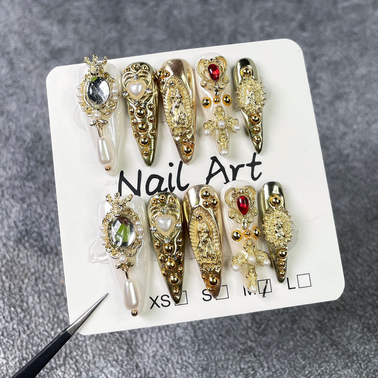 Baroque Press-On Nails – Gold & Ivory Gothic Glam Almond Nails | 3D Crown, Pearl Cross & Vintage Cameo Reusable Nail Set 252