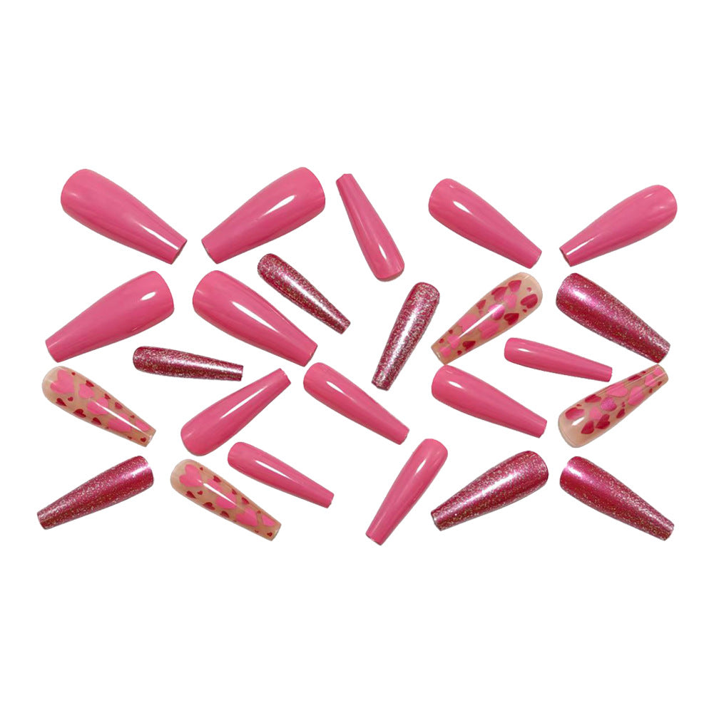 Pink Press-On Nails Coffin Shape Barbie Heart Glitter Reusable Glue On Fake Nails Y2K Cute Nail Set 36