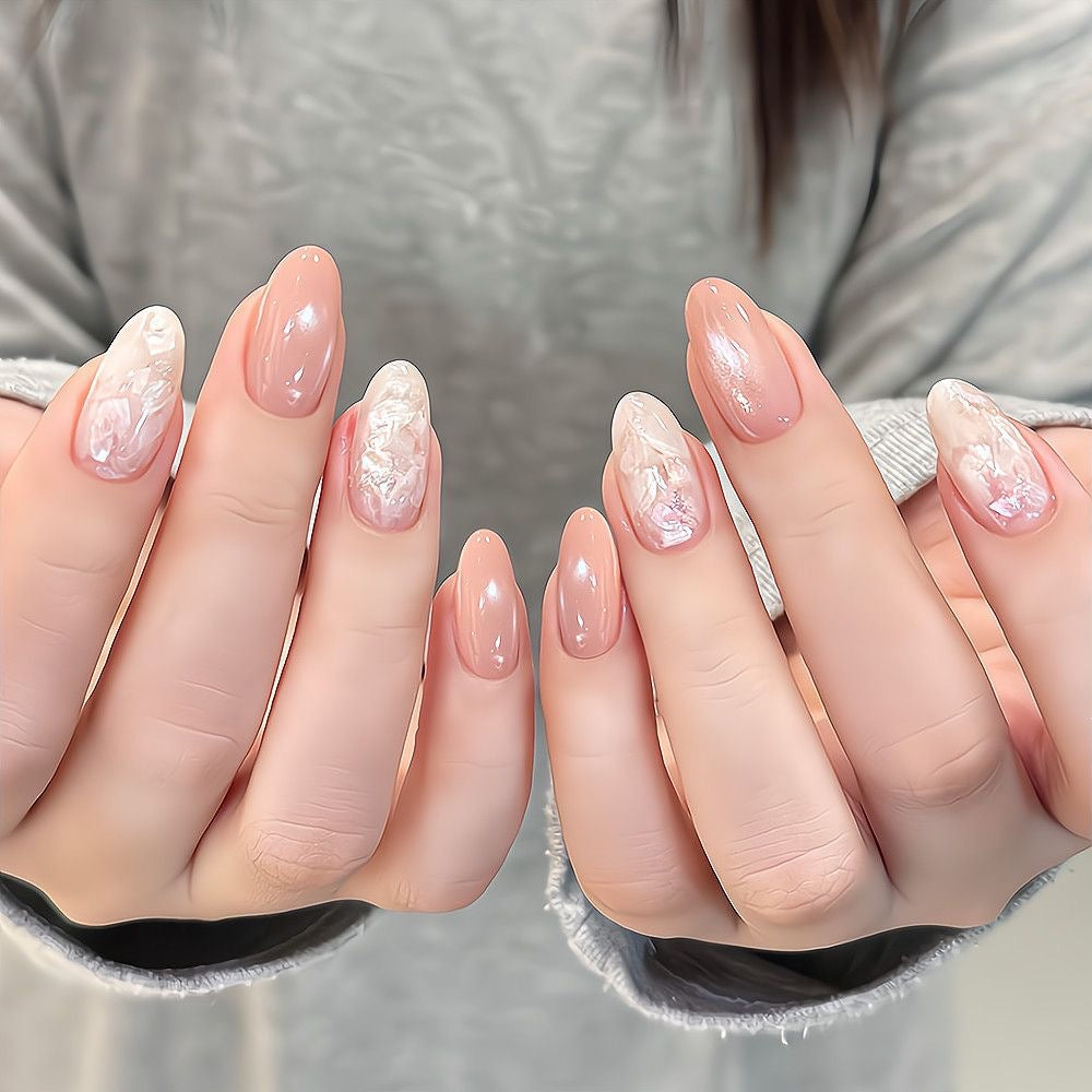 Nude Pink Press On Nails Oval – Aurora Cat Eye Shell Glitter False Nails Reusable Nail Set 175