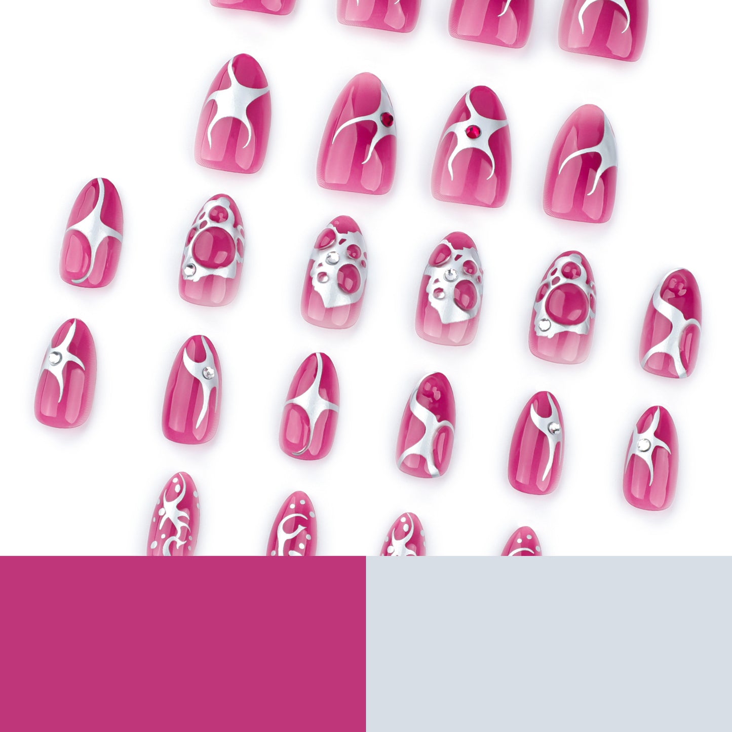 Hot Pink Press On Nails Almond – Silver Thorn Gothic False Nails Reusable Nail Set 184
