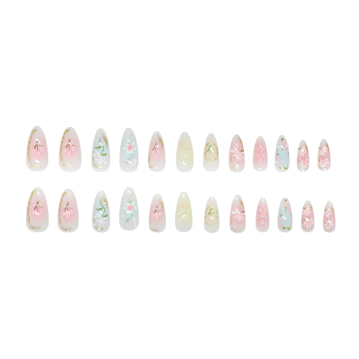 Pastel Press-On Nails Almond Shape 3D Flower Bow Gradient Reusable Glue On Fake Nails Spring Set 37