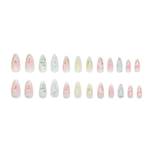 Pastel Press-On Nails Almond Shape 3D Flower Bow Gradient Reusable Glue On Fake Nails Spring Set 37