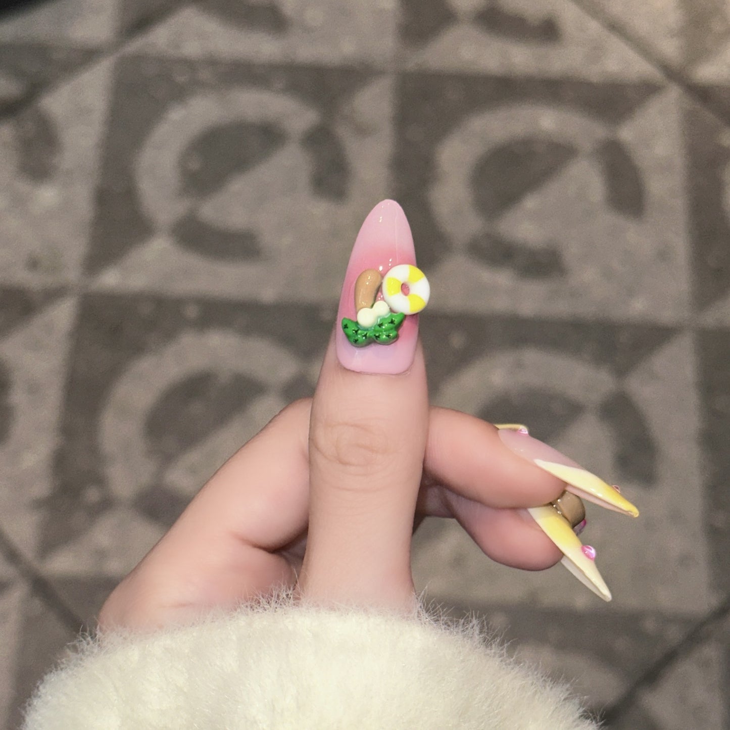 Summer Vacation Press-On Nails – Peach Pink & Sunset Yellow Ombre Almond Nails | 3D Tropical Charms Reusable Nail Set 251