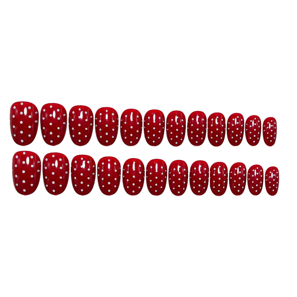Red Polka Dot Press On Nails Almond Shape Glossy Vintage French Style Fake Nails Reusable Glue On Cute Nail Set 54
