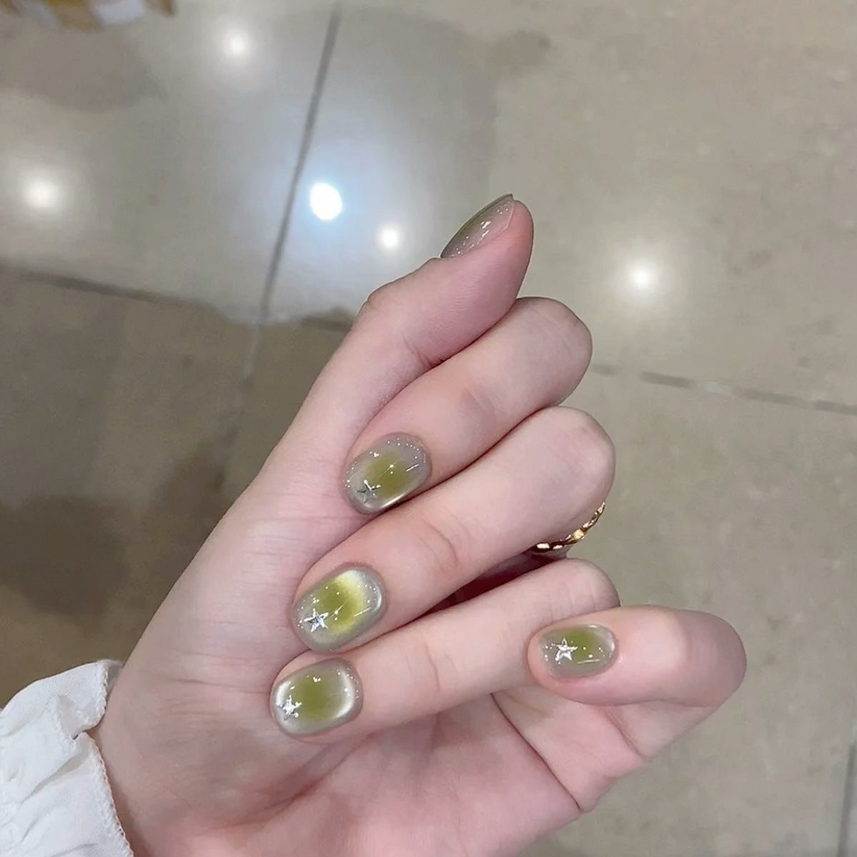 Avocado Green Cat Eye Press-On Nails – Matte Milky White Gradient Squoval Nails | Silver Star Accent Reusable Nail Set 271