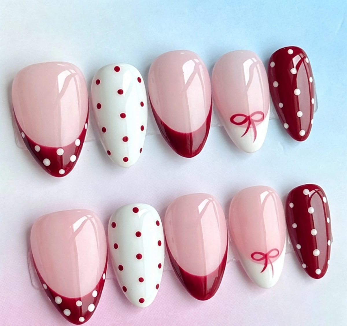 Burgundy Polka Dot Press On Nails | Short Oval Nails with Bow Details & French Tips | Reusable Coquette Nail Set 337