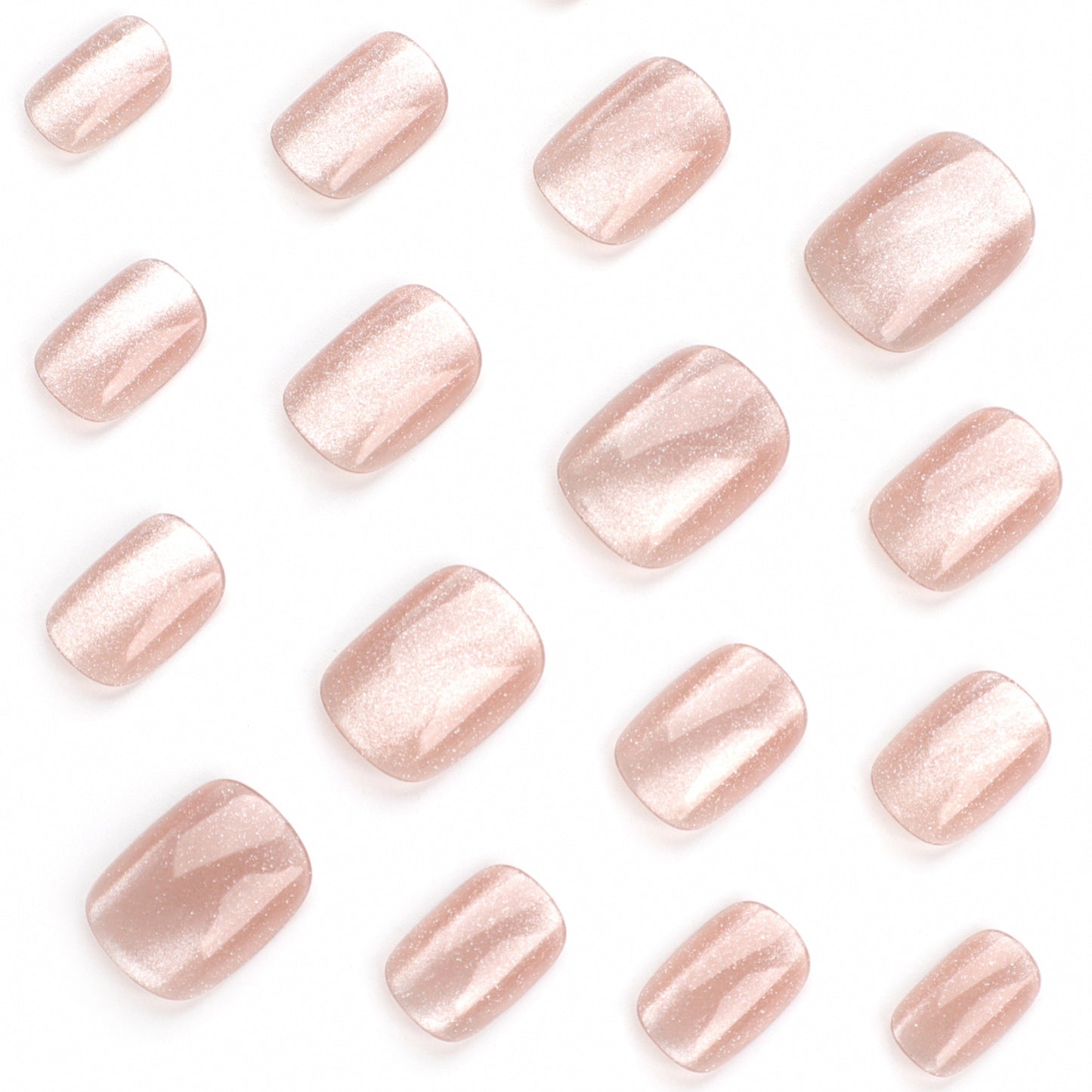 Nude Pink Cat Eye Press On Nails – Short Squoval Minimalist Pearl Shine, Elegant Glossy Sheer Reusable Set 159