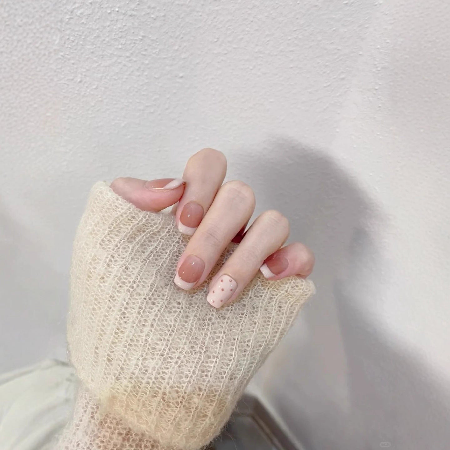 Nude French Tip Press On Nails – Short Squoval Glass Nails with Blue & White French Tips and Polka Dot Details 191