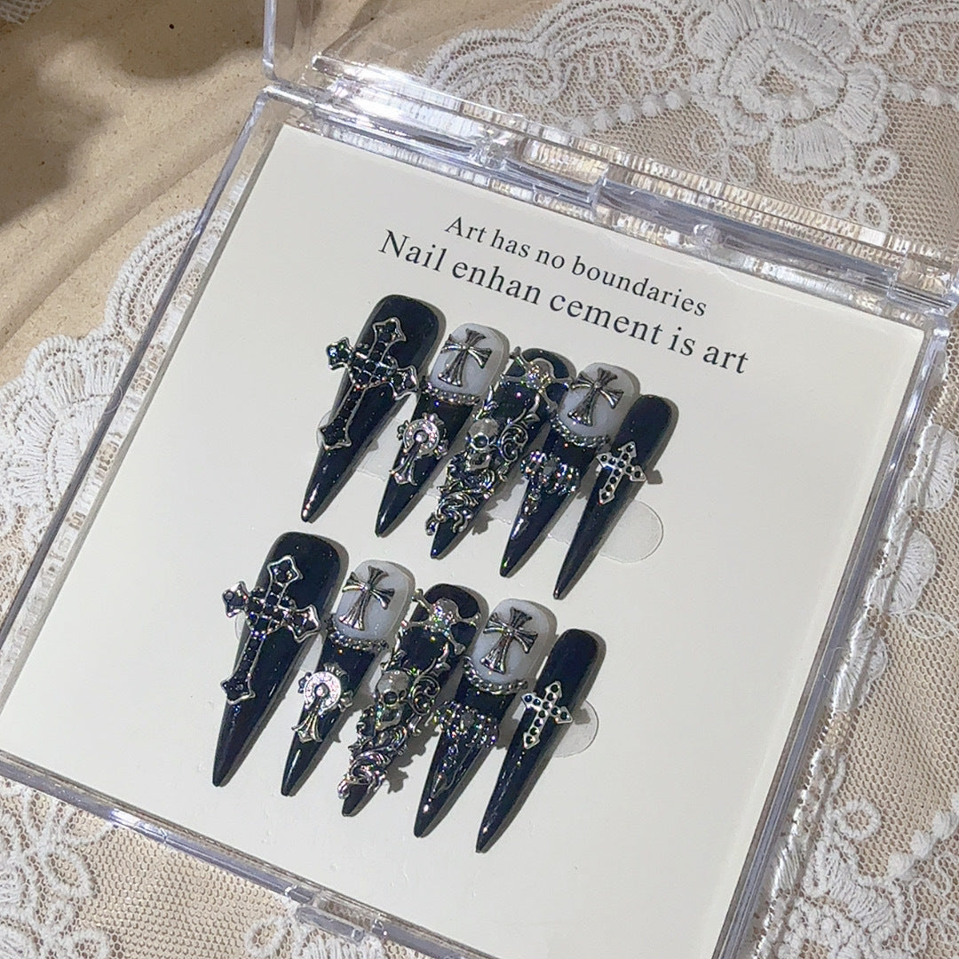 Black Grey Gothic Press On Nails Short Square Round – Smoky Marble 3D Cross & Metal Rings Pearl Accent Reusable Dark Aesthetic Nail Set 217