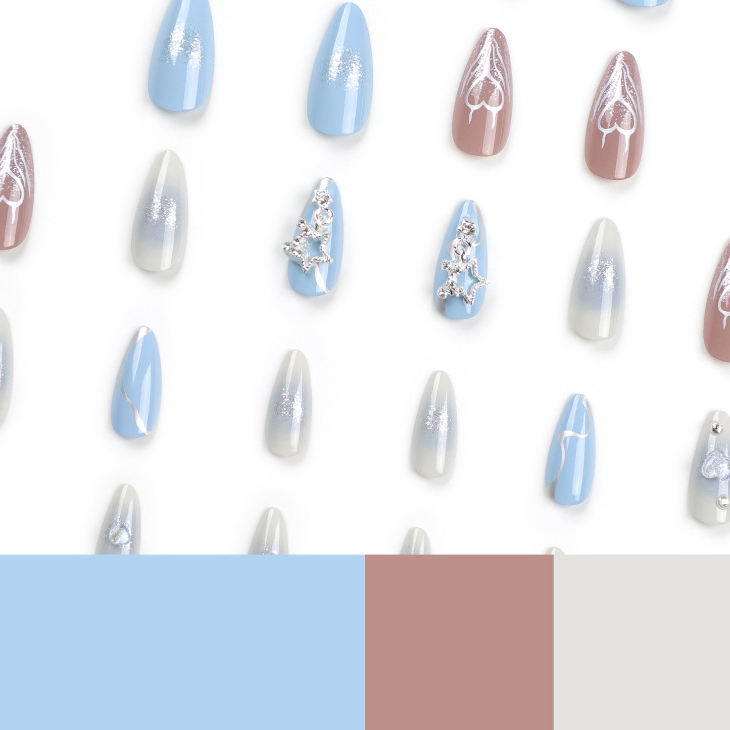 Blue Pink Cat Eye Press On Nails with Heart Charms Star Rhinestones Almond Shape Glossy Gradient Y2K Cute Cool Design Reusable Full Cover False Nails Kit 98
