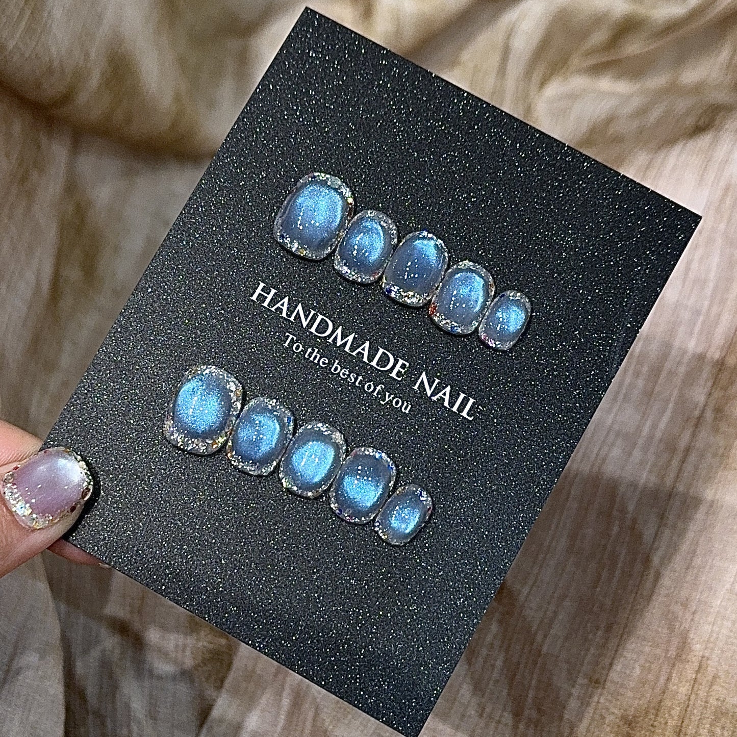 Deep Blue Cat Eye Press-On Nails – Short Squoval Nails with Aurora Glitter Edge Detail | Ocean Glass Reusable Nail Set 299