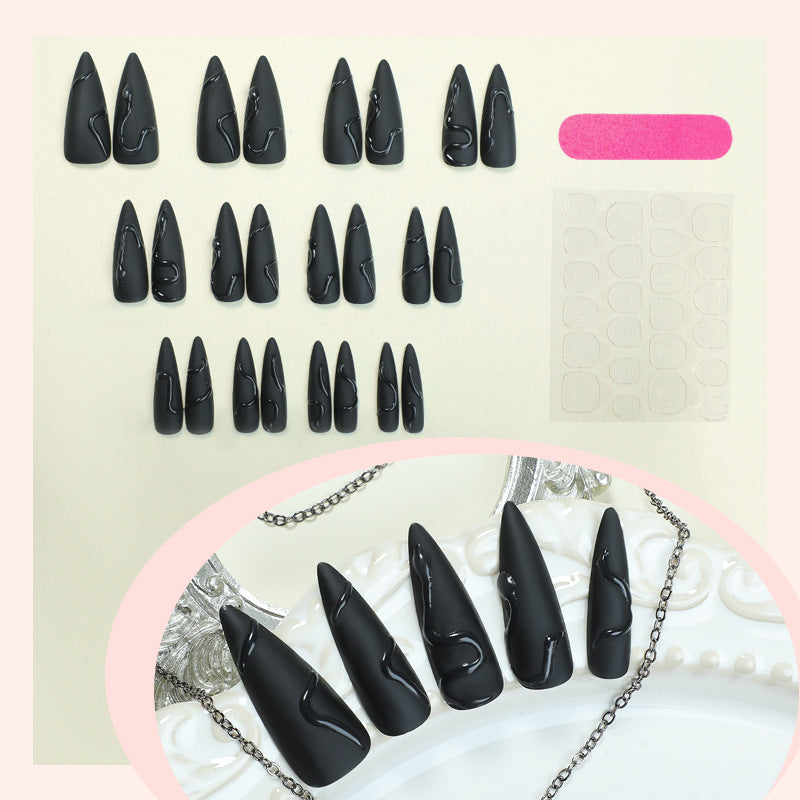 Black Matte Press On Nails Stiletto 3D Embossed Gothic Thorn Design Long Sharp Fake Nails Reusable Glue On Set 59