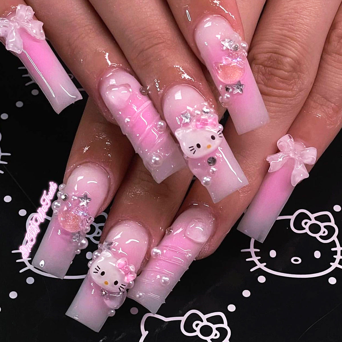 Press On Nails Pink Ombre Hello Kitty 3D Bow Pearl Rhinestone Cute Kawaii Nails Long Almond Glossy Fake Nails Reusable Coquette Aesthetic Nails for Women Party Birthday 81