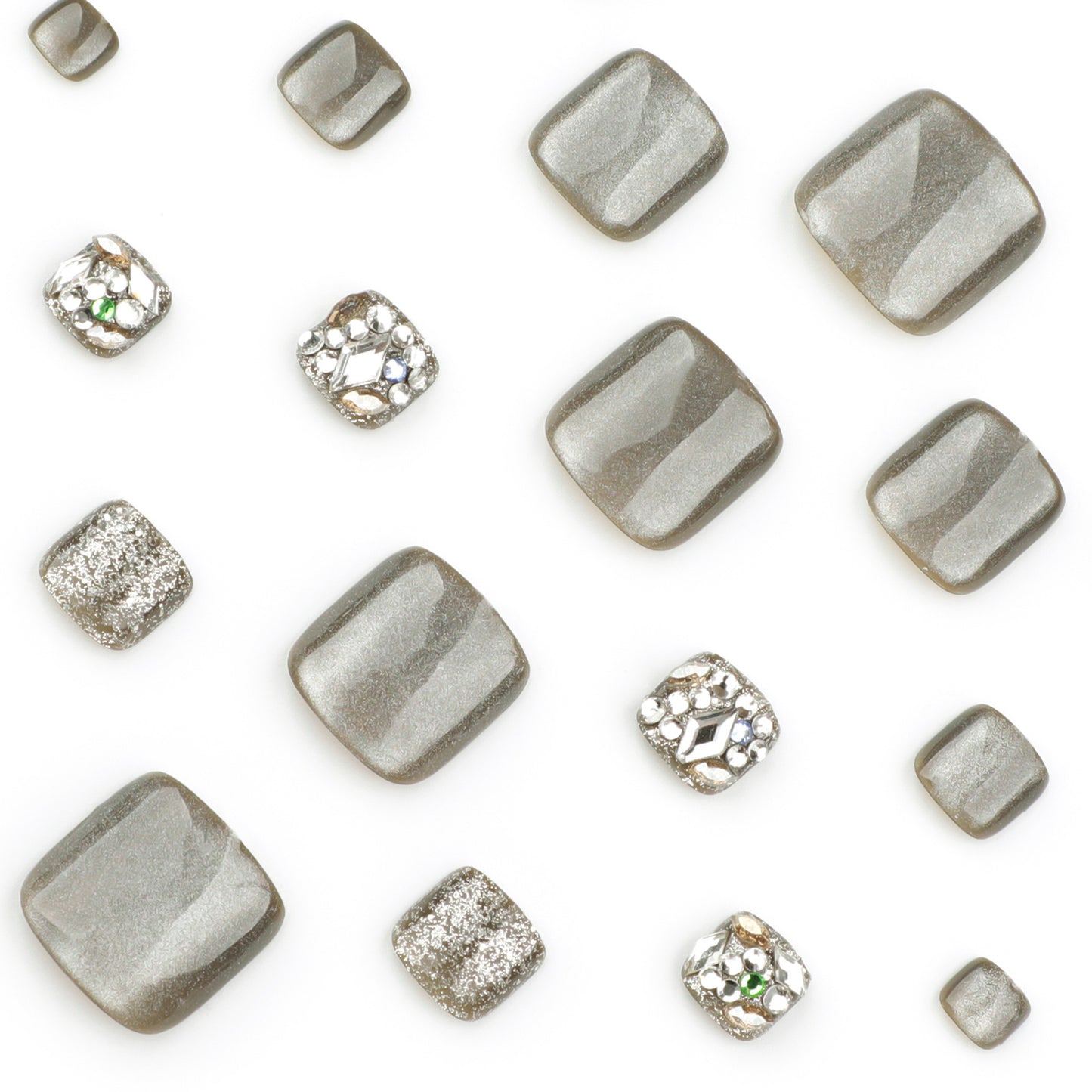 Grey Cat Eye Toe Press On Nails – Short Square Rhinestone Glossy Reusable Pedicure Nails 155