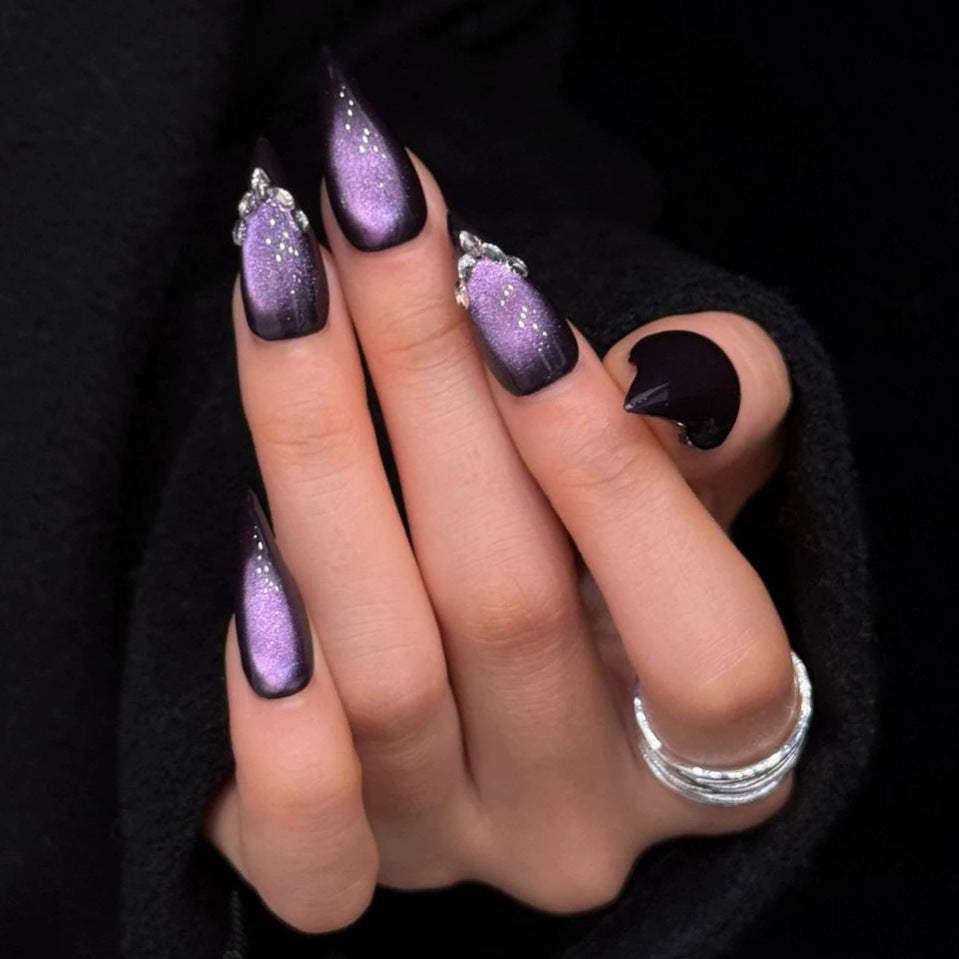 Black & Purple Cat Eye Press-On Nails – Curved Stiletto Dragon Claw Nails with Rhinestone & Silver Bead Details | Gothic Luxury Reusable Nail Set 296