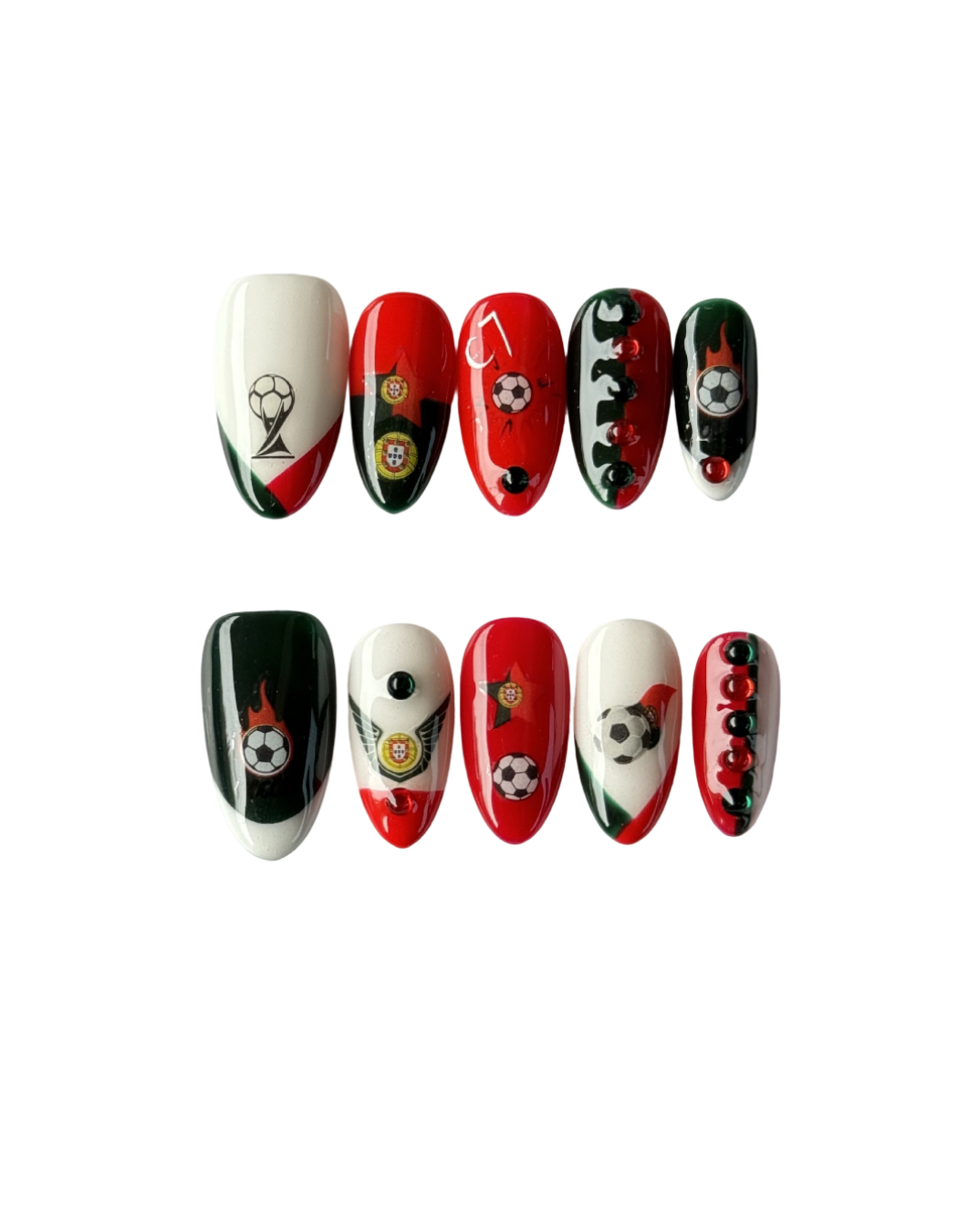 Portugal Football-Inspired Press-On Nails – Red & Green Game Day Almond Nails | Soccer Fan Reusable Nail Set with Gold Shield & Flame Design 241