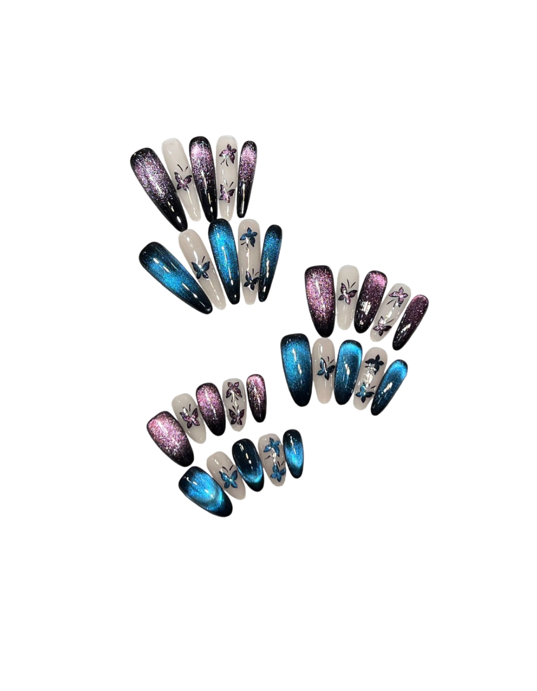 Cat Eye Butterfly Press On Nails Long Almond – Deep Purple Ocean Blue Magnetic Butterfly Handmade Dark Feminine Nail Set 215