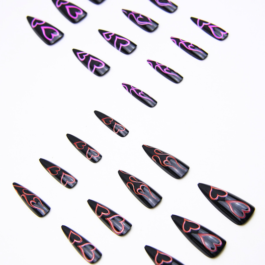 Y2K Black Press On Nails Long Stiletto Glossy Neon Pink Red Heart Gothic Punk Reusable 05