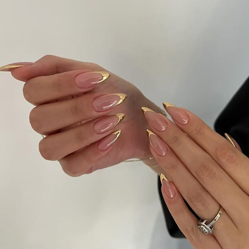 Nude Pink Press On Nails with Gold French Tip Slanted Design Glossy Almond Shape Elegant Minimal Luxury Full Cover False Nails Kit Reusable 120
