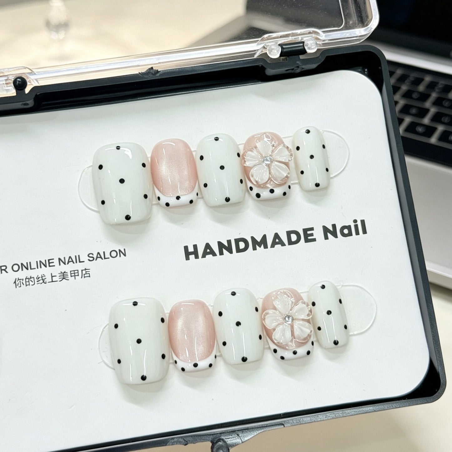 Milky White Press-On Nails – Squoval Nails with Nude Pink French Cat Eye & Black Polka Dot Floral Detail | Vintage Feminine Reusable Nail Set 284