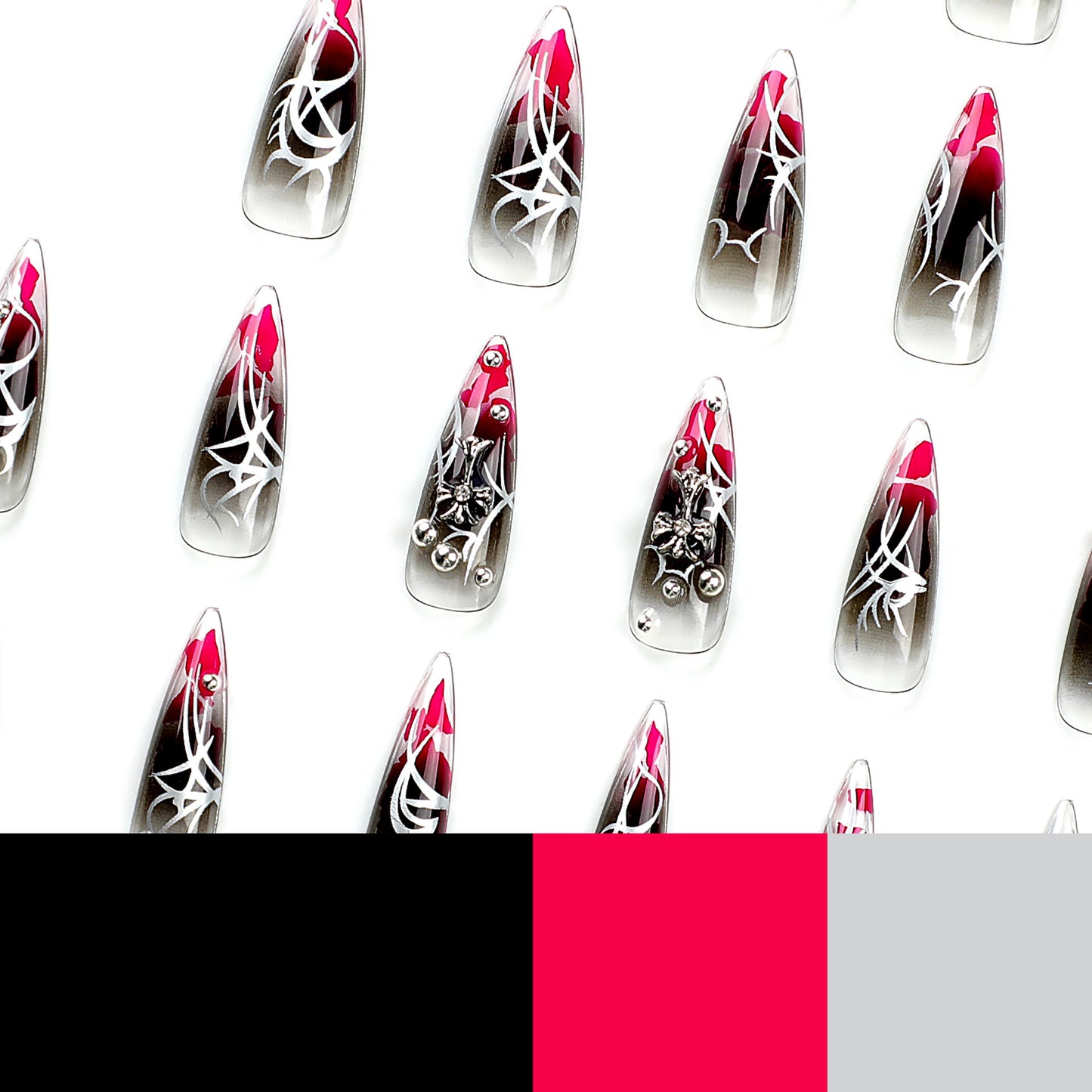 Black Ombre Press On Nails – Almond Shape Gothic Red Ink Gradient, Silver Thorn Metal Glossy Reusable Nail Set 161