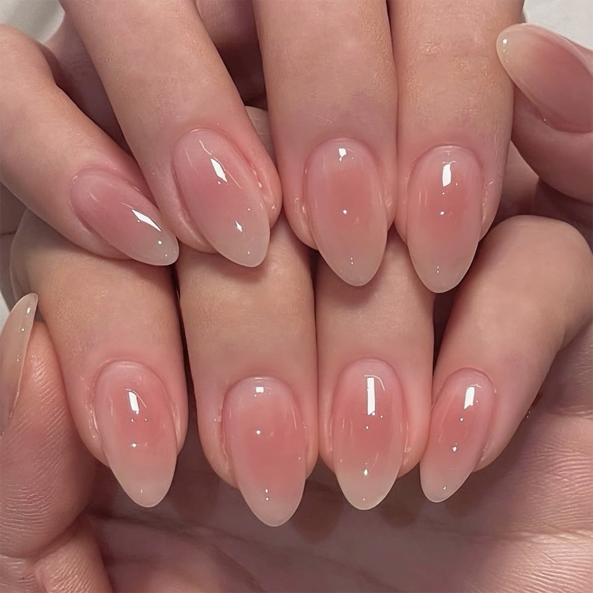 Sheer Pink Press On Nails with Water Ripple Texture Glossy Natural Look Short Almond Shape Reusable Full Cover False Nails Kit Minimal Nude Clean Girl Aesthetic Nails 90