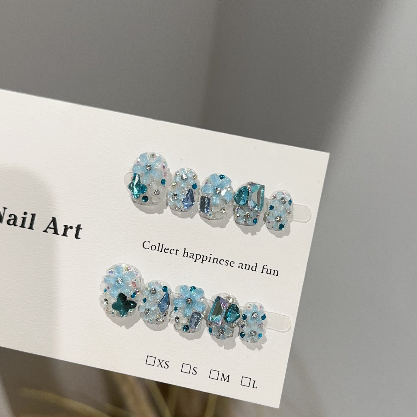 Frozen Blue Flower Press On Nails Short Squoval – 3D Butterfly Crystal Gems Winter Fairycore Bridal Reusable Nail Set 209