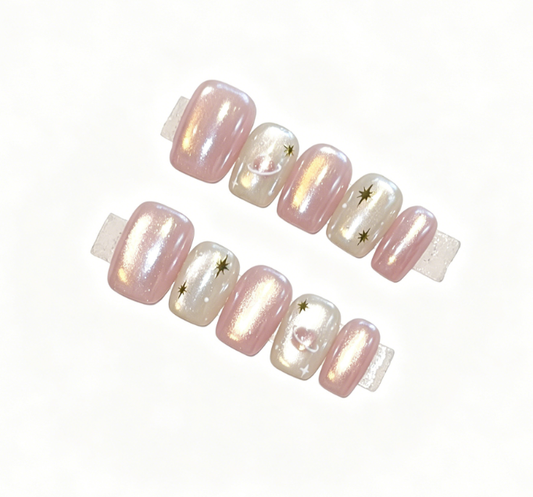 Nude Pink Press On Nails – Squoval with Aurora Cat Eye, Milky White Gradient, Star & Planet Design, Reusable Full Cover Set 168